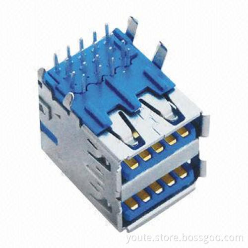 Double Stack USB3.0 Connector, AF 90 Degrees, 30V AC/DC Rated Voltage